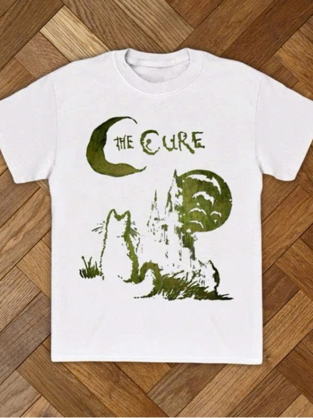 White Short Sleeve Tee with Green 'The Cure' Graphic